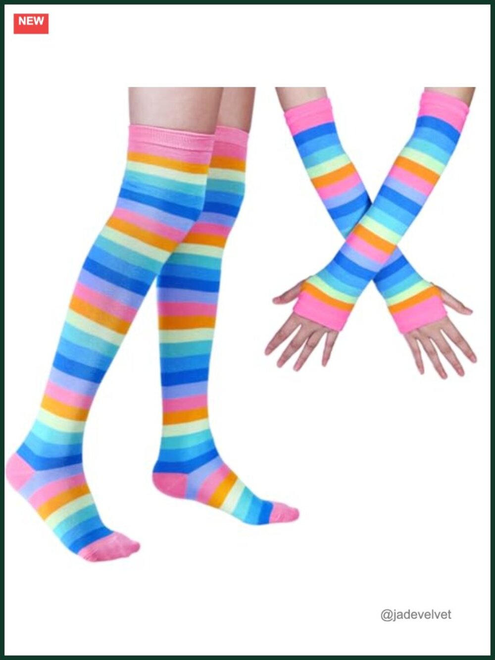 Knee High Rainbow Striped Socks & Fingerless Arm Warmer Gloves Set